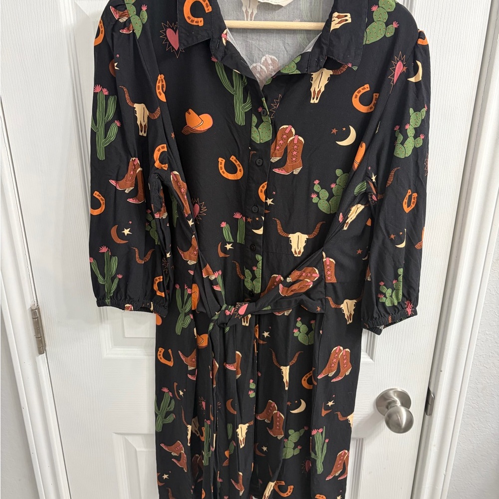 Black Western-Print Tie-Waist Mini Dress